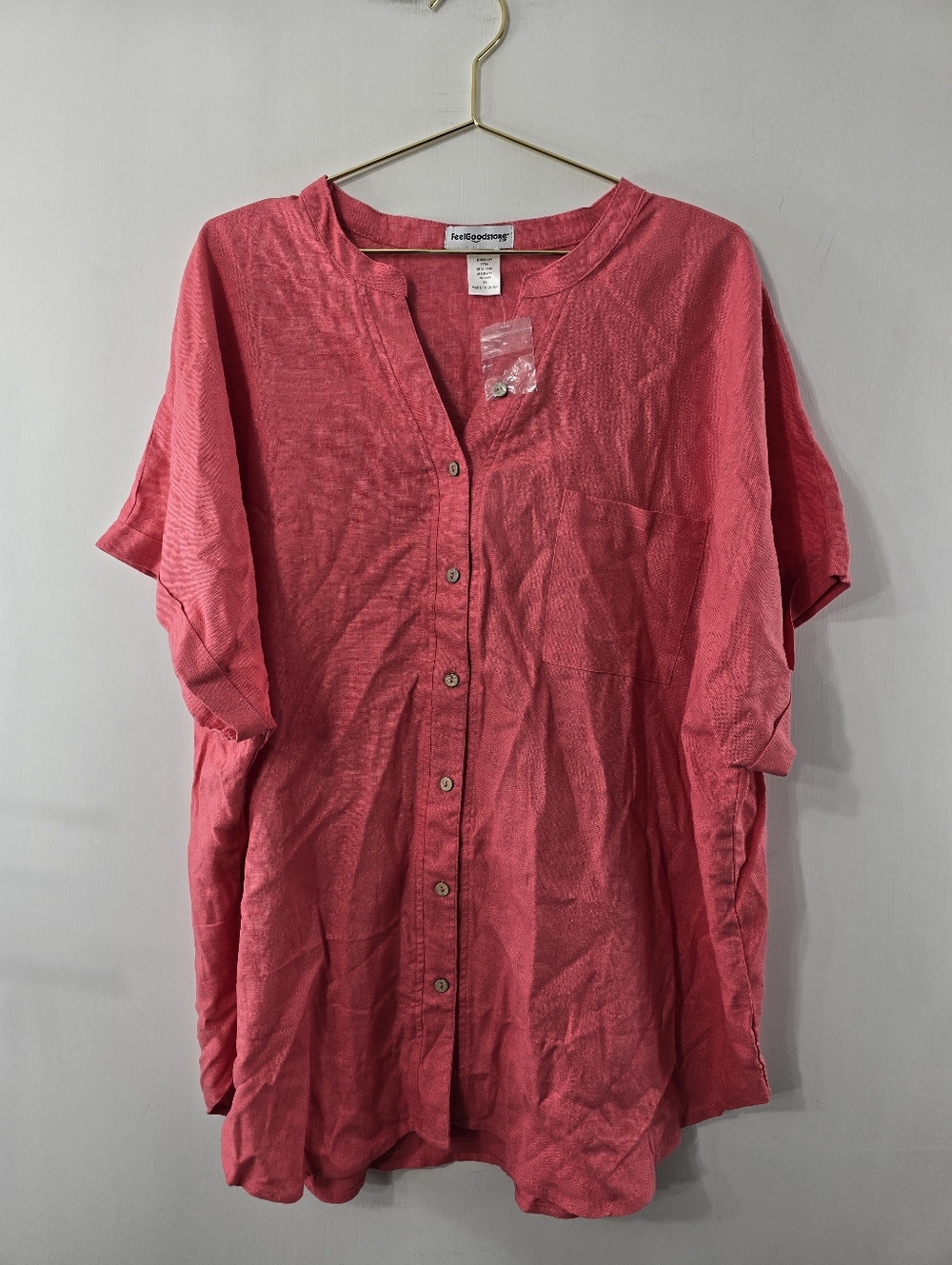 Feel Good Store Feelgoodstore Linen Short Cuff Cap Dolman Sleeve Button Top 1X